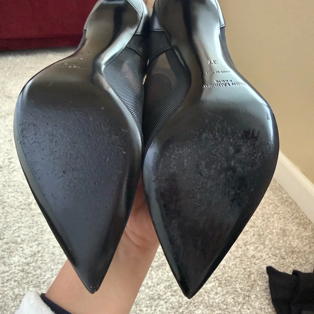 Saint Laurent Black Pointed Satin Pumps with Gold Insole Logo - Picture 5 of 7
